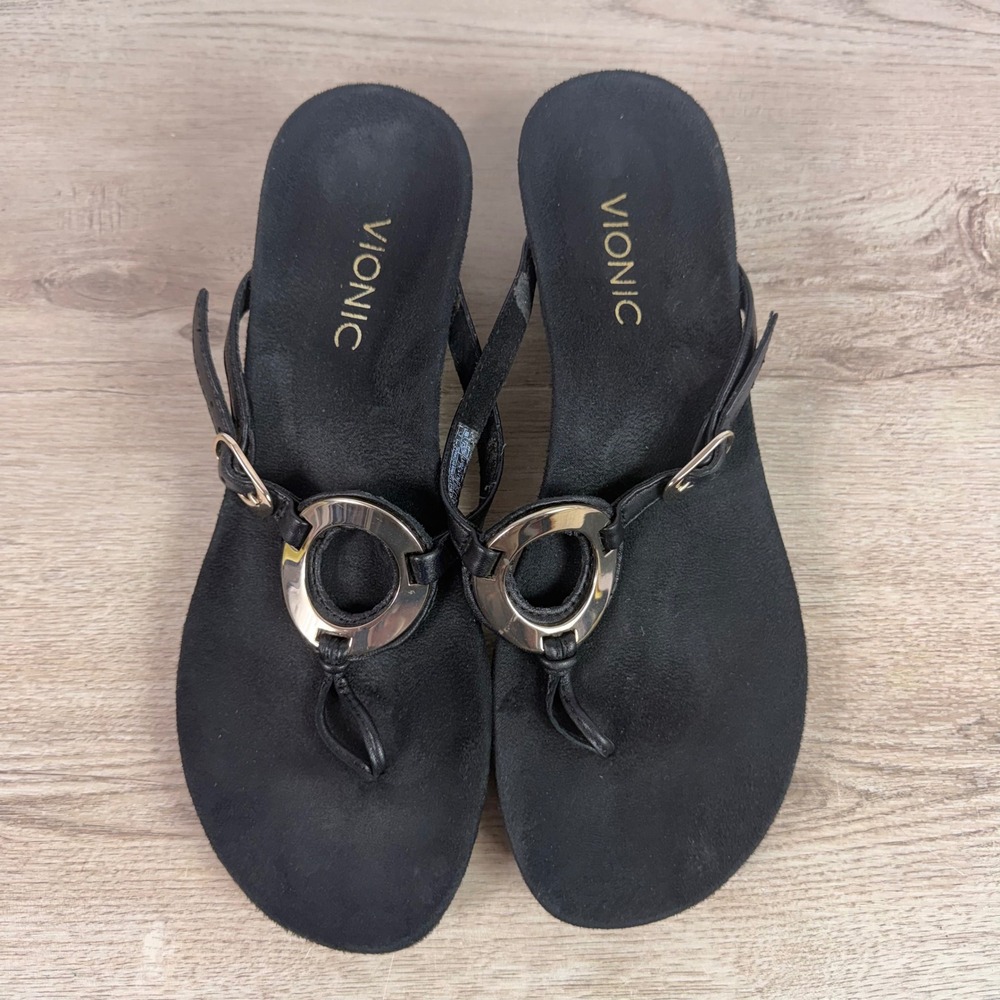 Vionic Orchid Wedge Sandal Metal Ring Black Womens 8